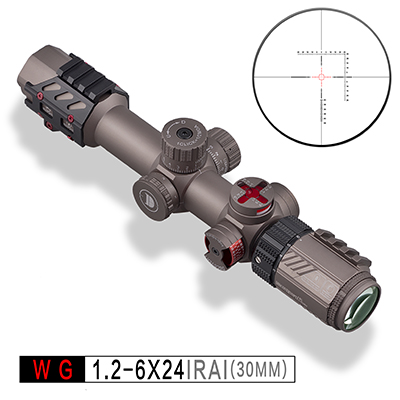 发现者瞄准镜,WG 1.2-6X24IRAI，战术速瞄， 30管径、超强抗震、大视场角、超薄壁、高清高亮、带灯、带变倍助力杆、蜂窝消光罩、带角度轮、弹轮、水平仪、扣盖瞄准镜，近调焦3.5码 适合.177，.22 , .22LR ，.25 ，DISCOVERYOPT Air Rifle Scope