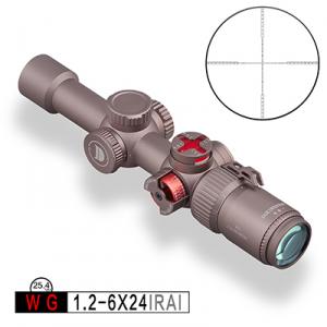 发现者瞄准镜，WG 1.2-6X24IRAI（25.4管径）	25.4管径、大视场角、超薄壁、高清高亮、带灯、带变倍助力杆、带消光筒、蜂窝消光罩、带角度轮、弹轮、水平仪、弹盖瞄准镜，近调焦3.5码 ，适合.177，.22 , .22LR ，.25 ，DISCOVERYOPT Air Rifle Scope